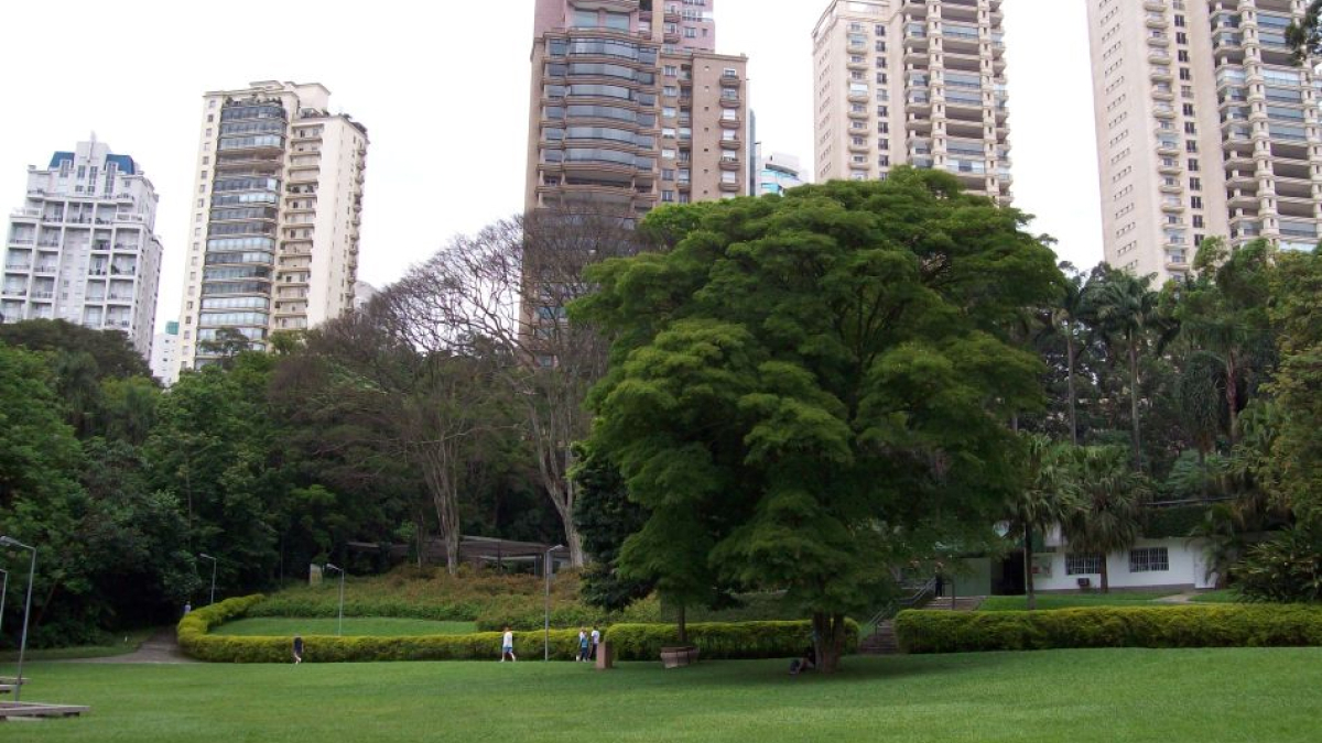 Praça com árvores e ampla área verde no bairro Vila Suzana